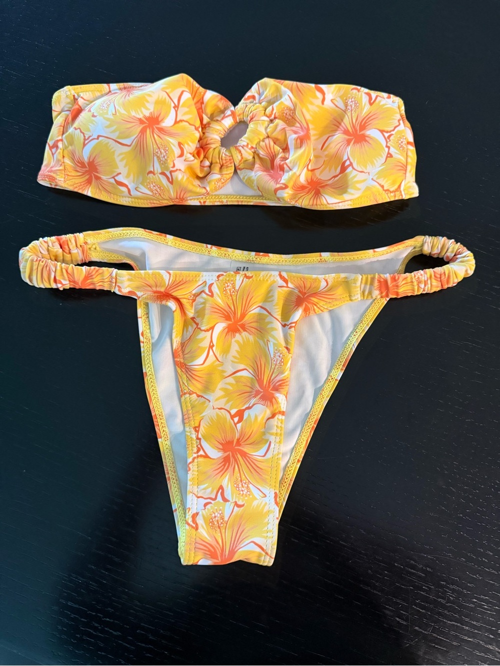 Yellow Floral Bandeau Bikini Set with Ruched Details